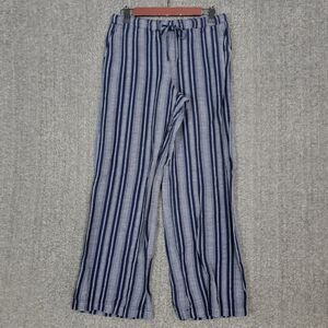 Merona Pants Womens Small Blue Striped Linen Blend Wide Leg Pull On Drawstring